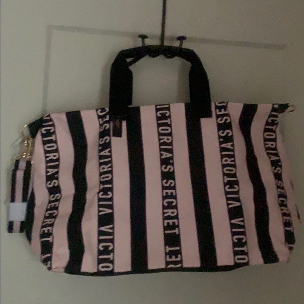 Victoria Secret logo pink and black duffel bag